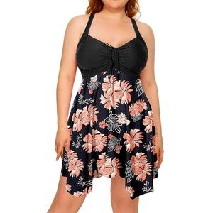 Daci Womens Swim Dress Plus Size 22W Black Orange Floral Sheer Ruched One Piece